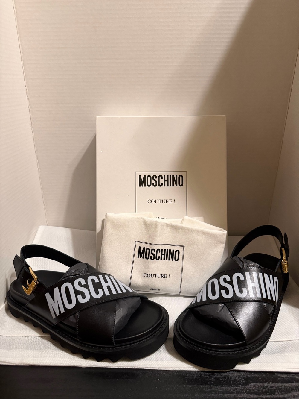 Moschino Black Leather Logo Strap Platform Sandals